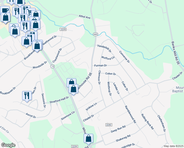 map of restaurants, bars, coffee shops, grocery stores, and more near 2319 Powderhouse Road Southeast in Aiken