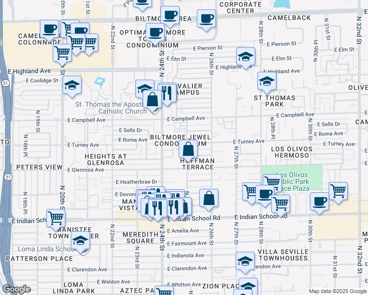 map of restaurants, bars, coffee shops, grocery stores, and more near 4326 North 25th Street in Phoenix