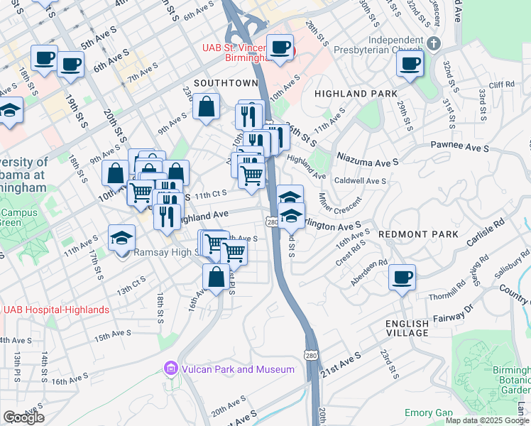 map of restaurants, bars, coffee shops, grocery stores, and more near 1316 21st Way South in Birmingham