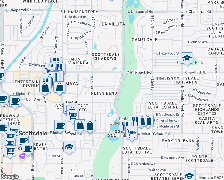 map of restaurants, bars, coffee shops, grocery stores, and more near 4327 North 78th Street in Scottsdale