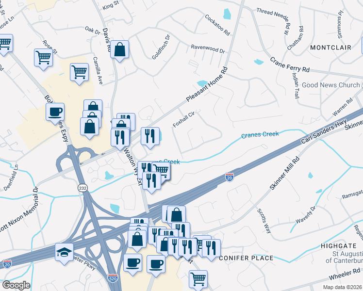 map of restaurants, bars, coffee shops, grocery stores, and more near 2931 Foxhall Circle in Augusta