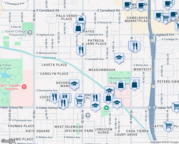 map of restaurants, bars, coffee shops, grocery stores, and more near 4332 North Longview Avenue in Phoenix