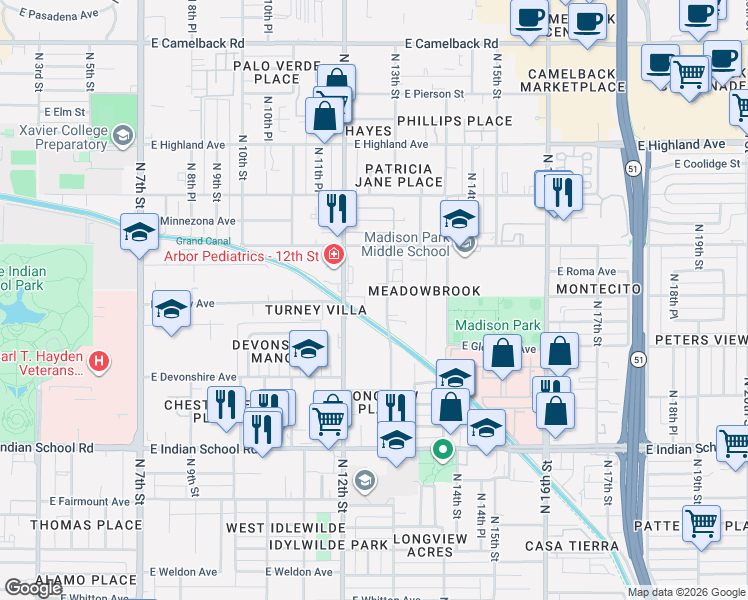 map of restaurants, bars, coffee shops, grocery stores, and more near 4332 North Longview Avenue in Phoenix