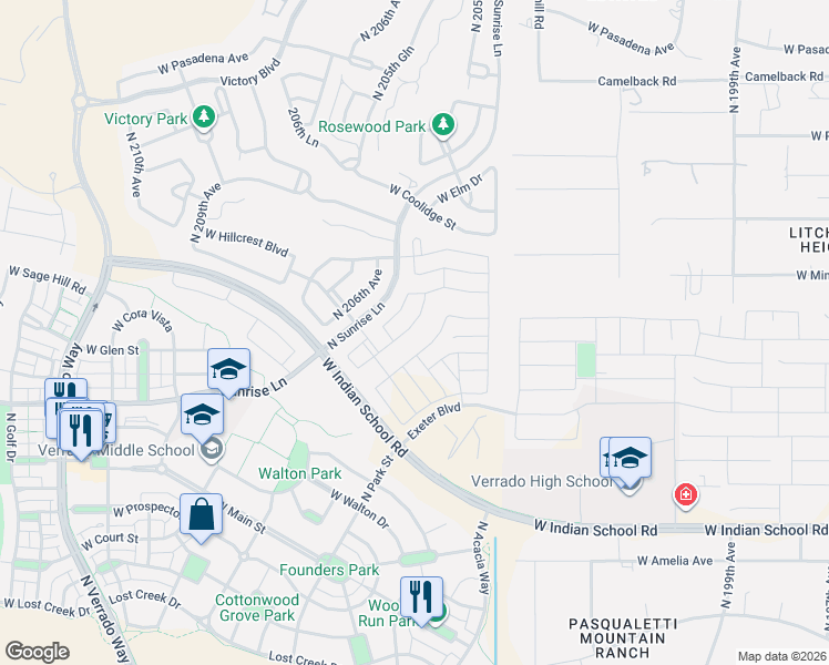 map of restaurants, bars, coffee shops, grocery stores, and more near 4685 North 204th Avenue in Buckeye