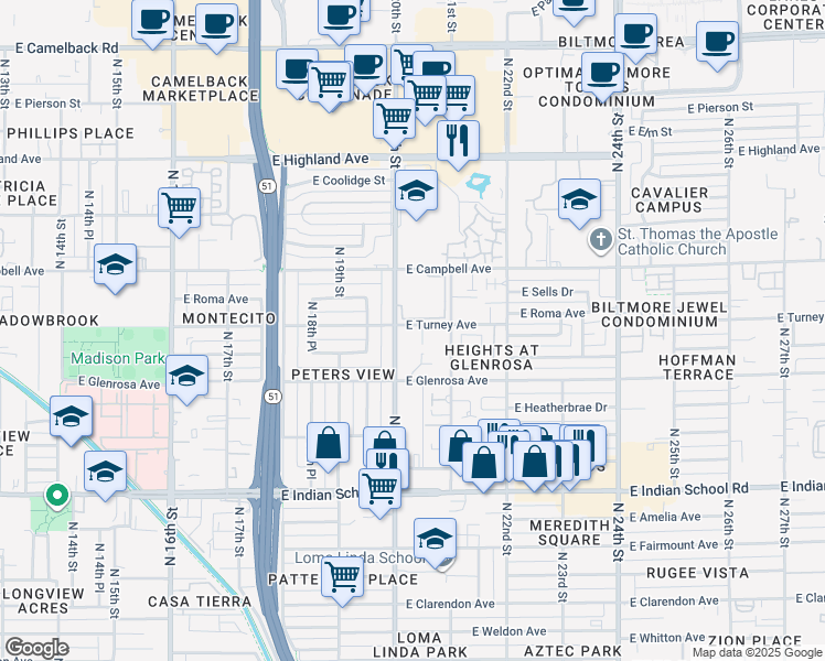 map of restaurants, bars, coffee shops, grocery stores, and more near 2019 East Turney Avenue in Phoenix