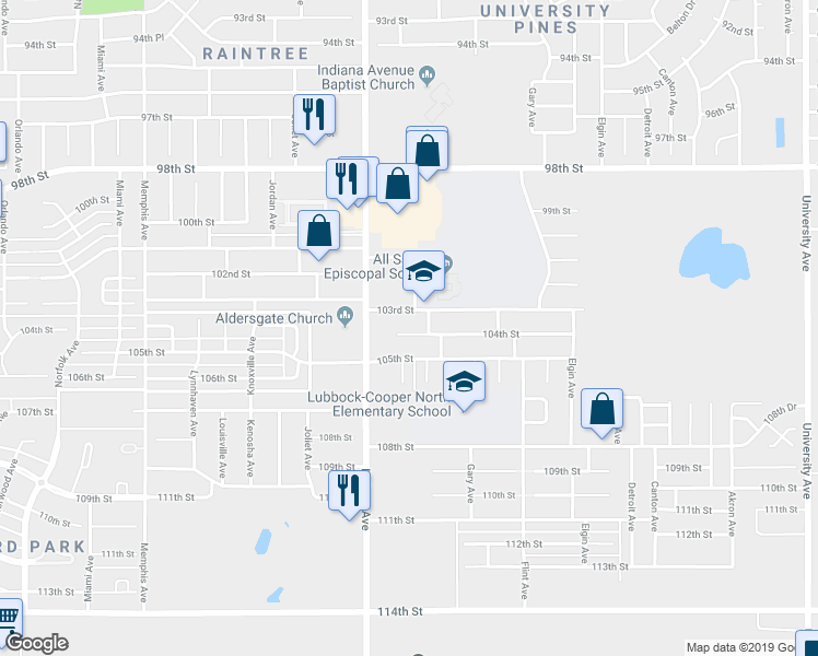 map of restaurants, bars, coffee shops, grocery stores, and more near 3308 104th Street in Lubbock