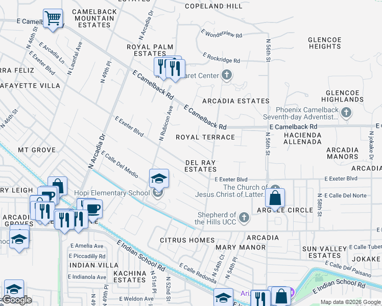 map of restaurants, bars, coffee shops, grocery stores, and more near 5302 East Exeter Boulevard in Phoenix