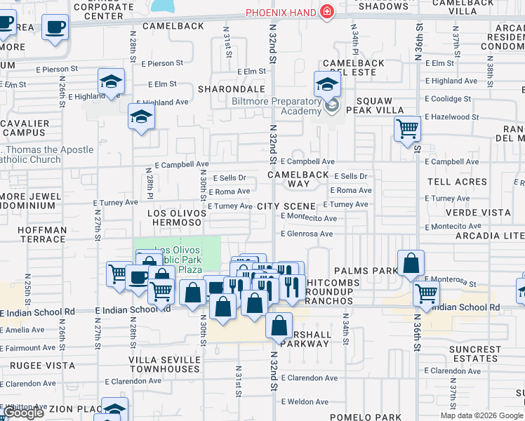 map of restaurants, bars, coffee shops, grocery stores, and more near 3116 East Montecito Avenue in Phoenix
