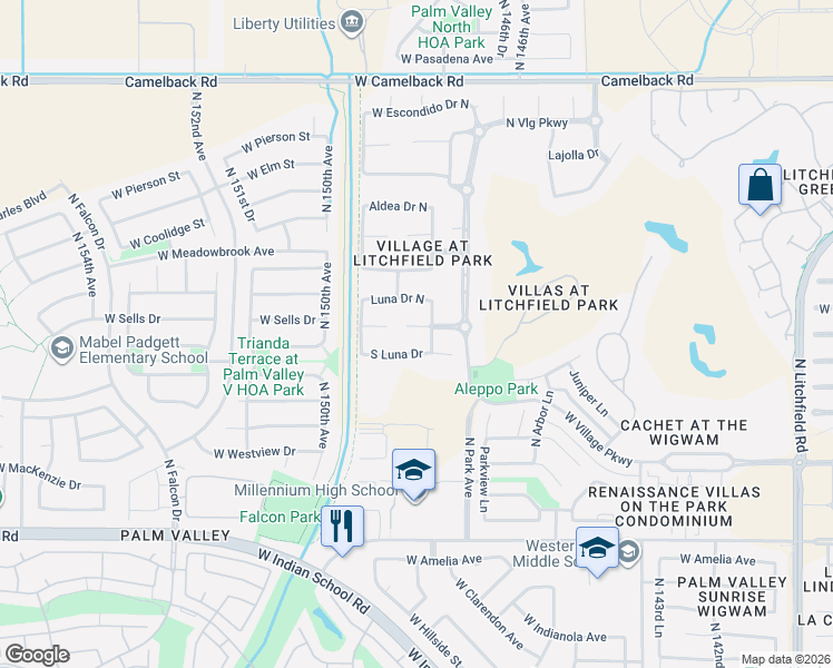 map of restaurants, bars, coffee shops, grocery stores, and more near 14822 Luna Drive North in Litchfield Park