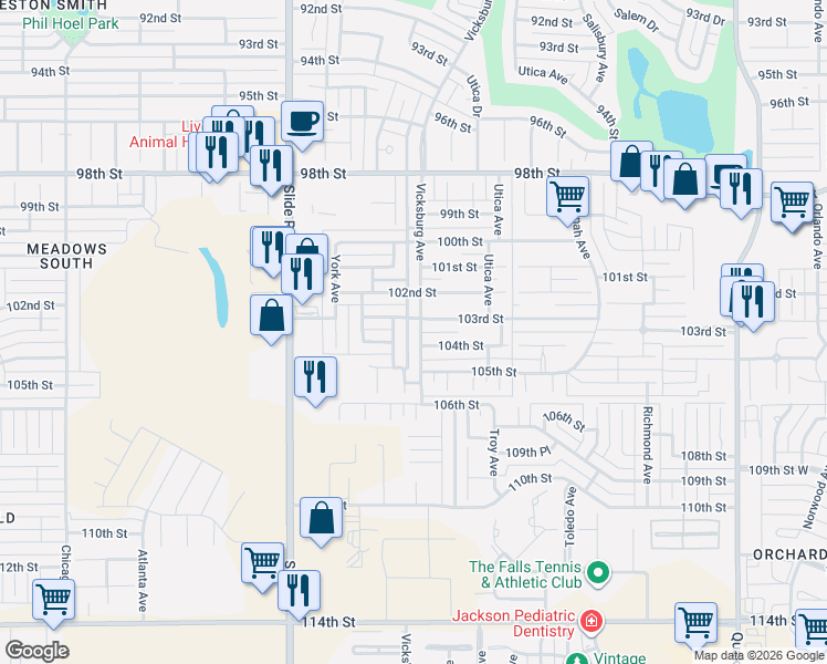 map of restaurants, bars, coffee shops, grocery stores, and more near 10404 Vicksburg Avenue in Lubbock