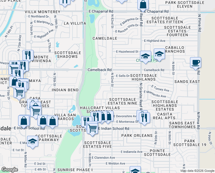 map of restaurants, bars, coffee shops, grocery stores, and more near 8120 East Glenrosa Avenue in Scottsdale