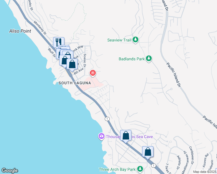 map of restaurants, bars, coffee shops, grocery stores, and more near 31831 Sunset Avenue in Laguna Beach