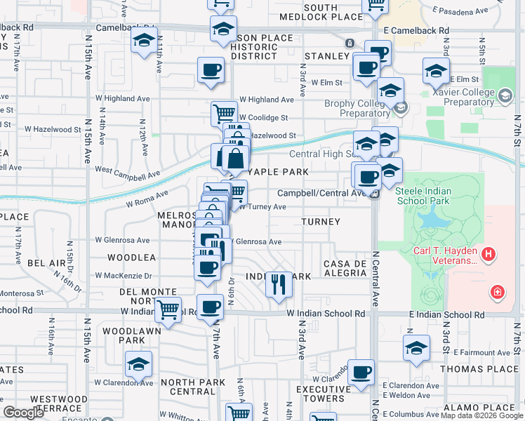 map of restaurants, bars, coffee shops, grocery stores, and more near 344 West Montecito Avenue in Phoenix