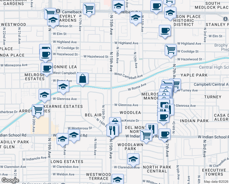 map of restaurants, bars, coffee shops, grocery stores, and more near 4318 North 14th Avenue in Phoenix