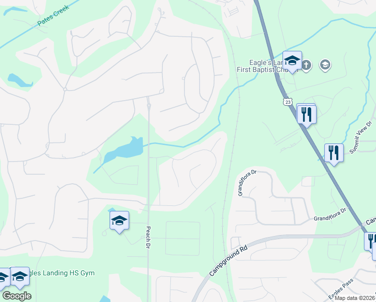 map of restaurants, bars, coffee shops, grocery stores, and more near 255 Windy Circle in McDonough