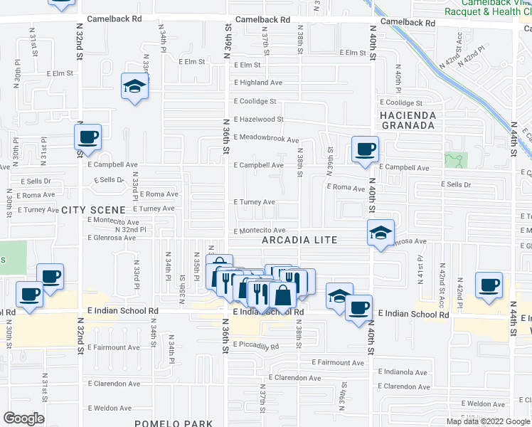map of restaurants, bars, coffee shops, grocery stores, and more near 3737 East Turney Avenue in Phoenix