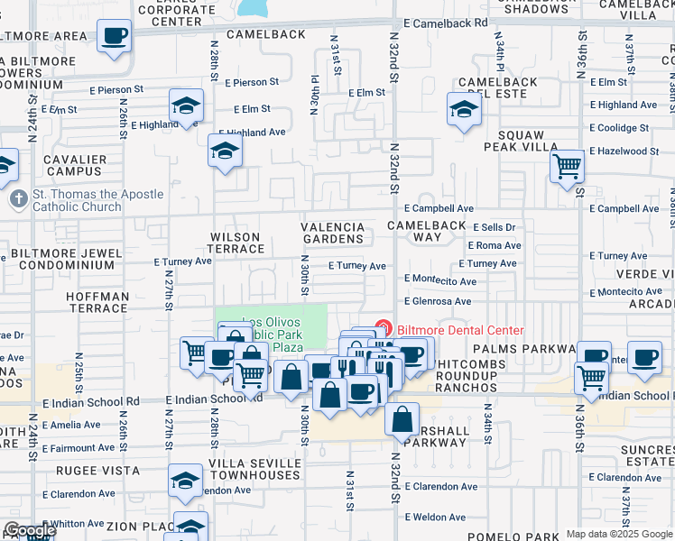 map of restaurants, bars, coffee shops, grocery stores, and more near 3041 East Montecito Avenue in Phoenix