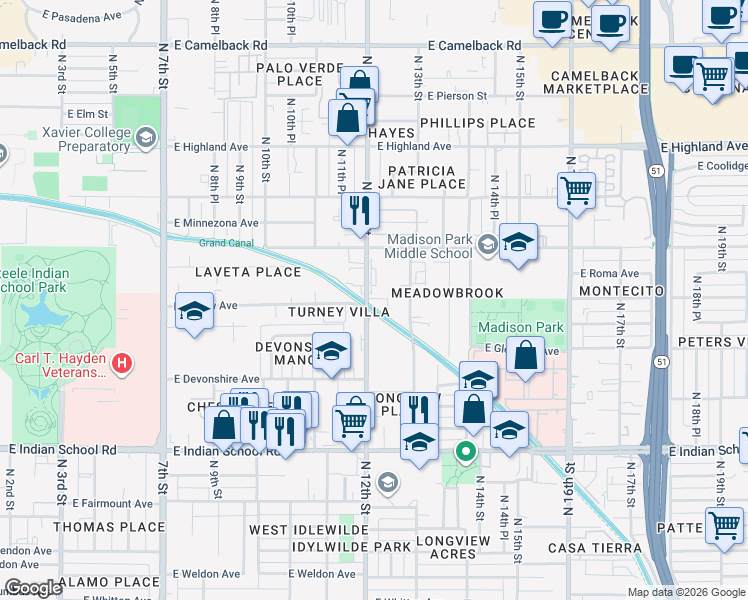 map of restaurants, bars, coffee shops, grocery stores, and more near 4331 North 12th Street in Phoenix