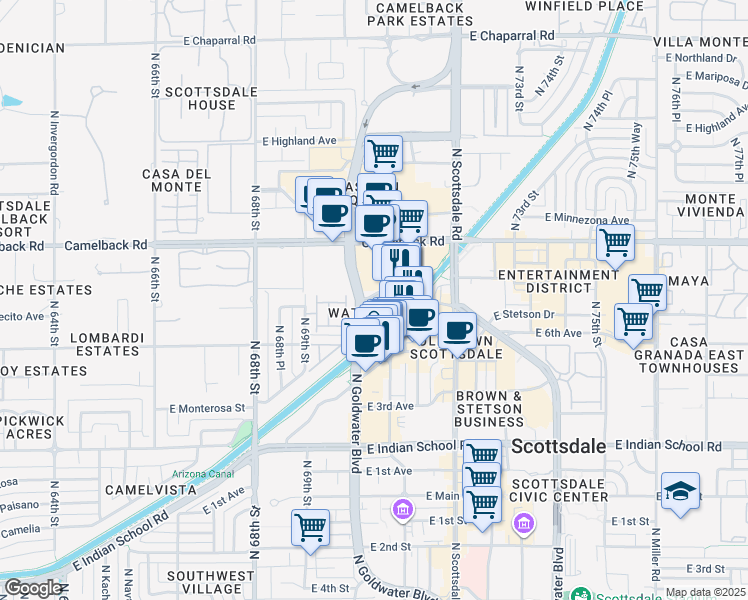 map of restaurants, bars, coffee shops, grocery stores, and more near in Scottsdale