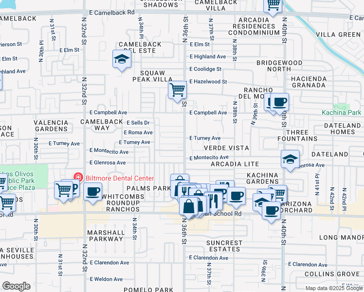 map of restaurants, bars, coffee shops, grocery stores, and more near 3539 East Montecito Avenue in Phoenix