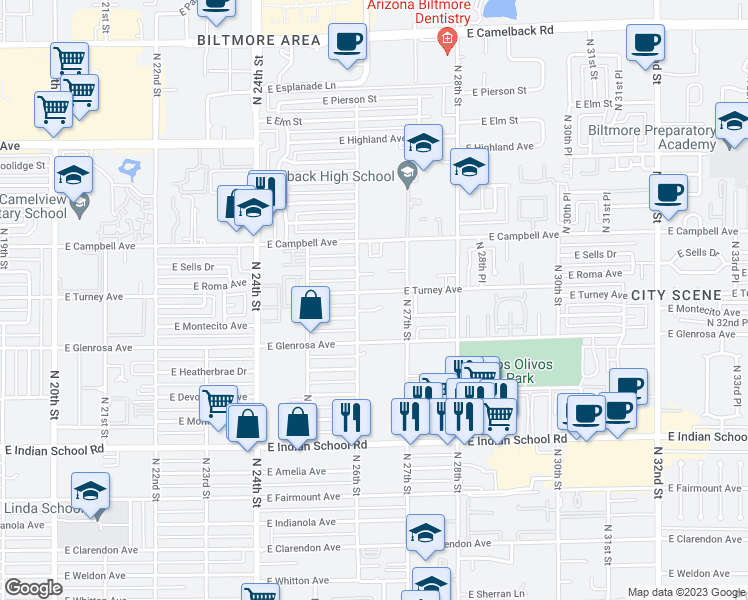 map of restaurants, bars, coffee shops, grocery stores, and more near 4320 North 27th Street in Phoenix