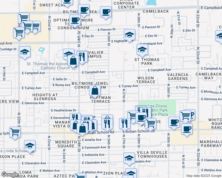 map of restaurants, bars, coffee shops, grocery stores, and more near 2546 East Montecito Avenue in Phoenix