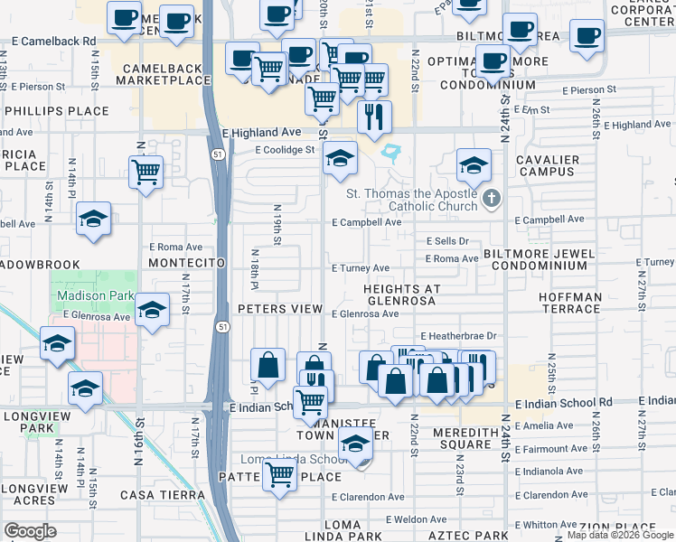 map of restaurants, bars, coffee shops, grocery stores, and more near 2019 East Turney Avenue in Phoenix