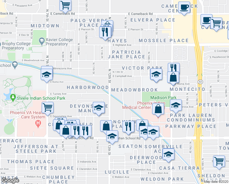 map of restaurants, bars, coffee shops, grocery stores, and more near 4331 North 12th Street in Phoenix