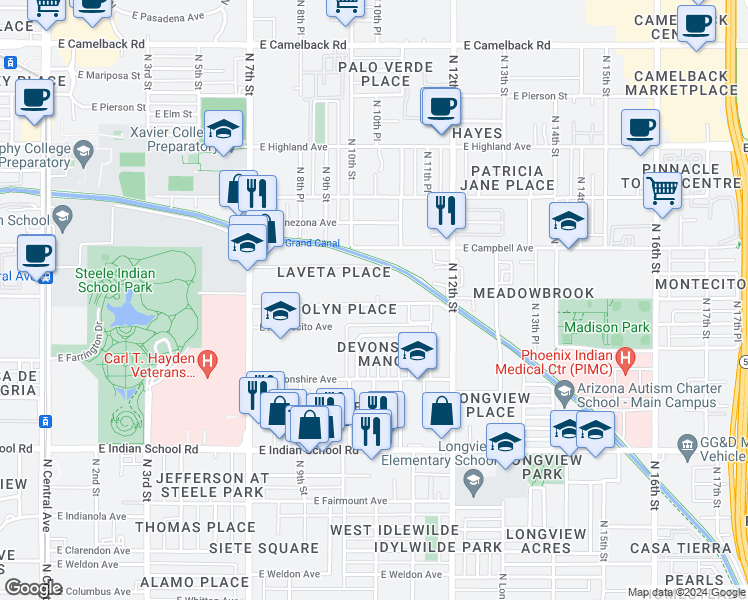 map of restaurants, bars, coffee shops, grocery stores, and more near 1017 East Turney Avenue in Phoenix