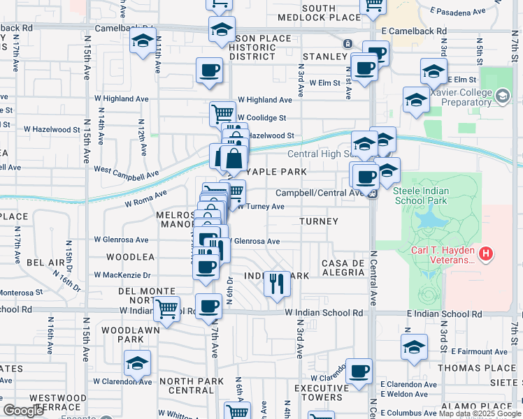 map of restaurants, bars, coffee shops, grocery stores, and more near 344 West Montecito Avenue in Phoenix