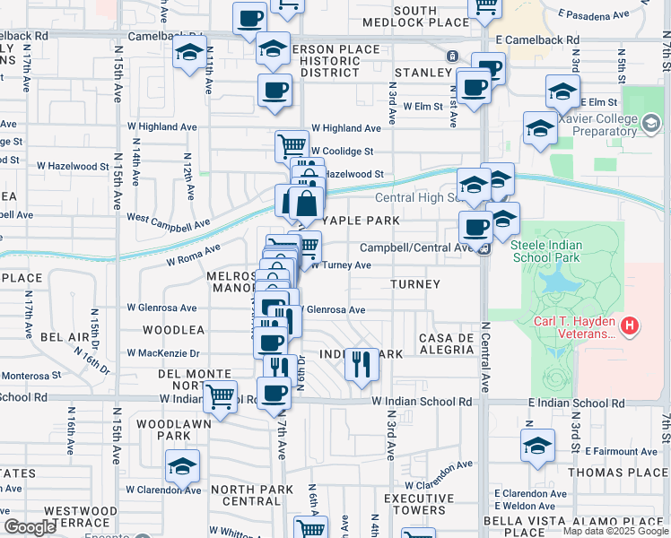 map of restaurants, bars, coffee shops, grocery stores, and more near 4327 North 7th Avenue in Phoenix