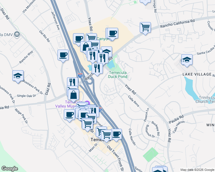 map of restaurants, bars, coffee shops, grocery stores, and more near 43078 Avenida Amistad in Temecula