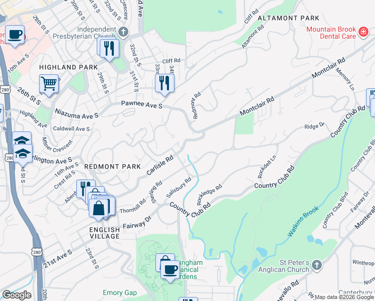 map of restaurants, bars, coffee shops, grocery stores, and more near 3212 Sterling Road in Birmingham