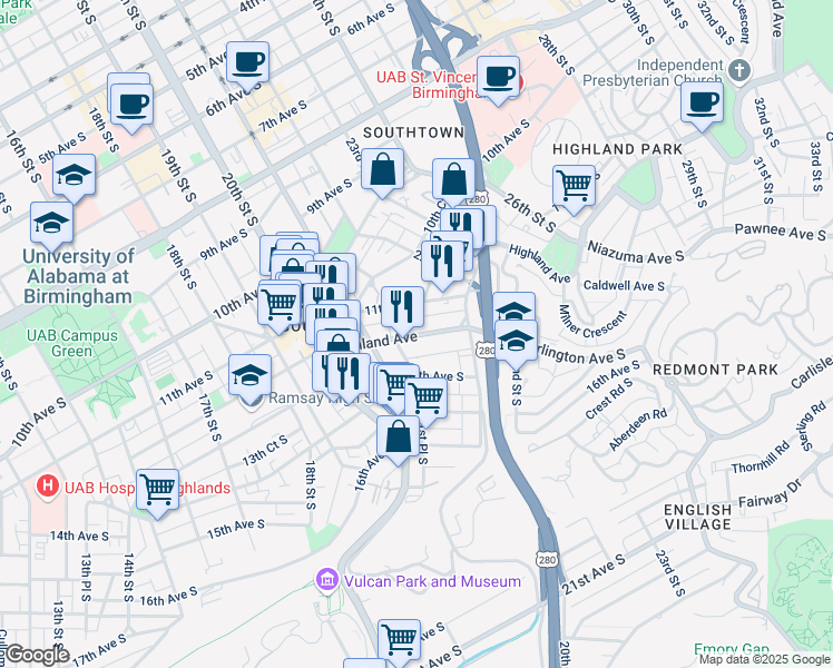 map of restaurants, bars, coffee shops, grocery stores, and more near 2118 14th Avenue South in Birmingham