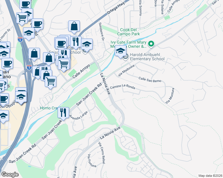 map of restaurants, bars, coffee shops, grocery stores, and more near 31881 Paseo La Branza in San Juan Capistrano