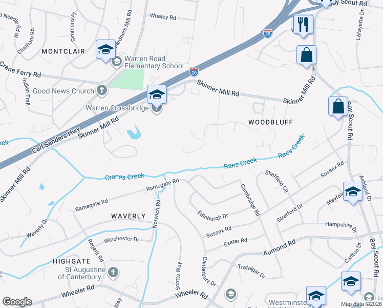 map of restaurants, bars, coffee shops, grocery stores, and more near 3088 Westwood Road in Augusta