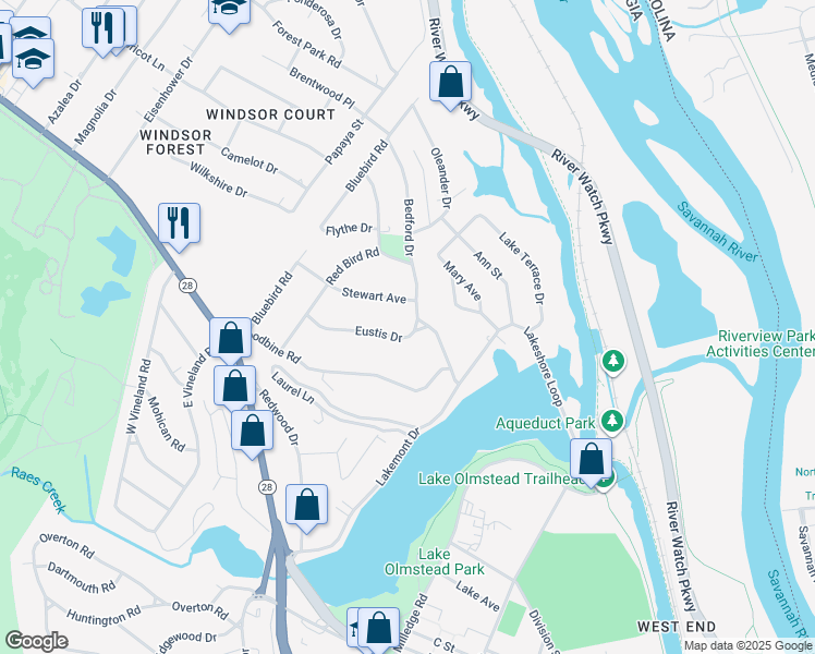 map of restaurants, bars, coffee shops, grocery stores, and more near 1005 Eustis Drive in Augusta
