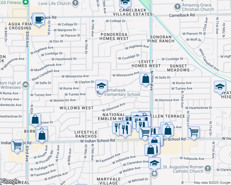 map of restaurants, bars, coffee shops, grocery stores, and more near 7626 West Montecito Avenue in Phoenix