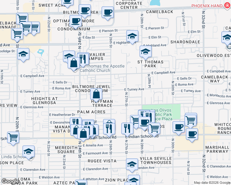 map of restaurants, bars, coffee shops, grocery stores, and more near 2615 East Turney Avenue in Phoenix