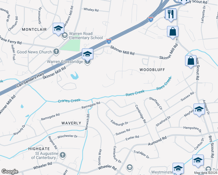 map of restaurants, bars, coffee shops, grocery stores, and more near 3088 Westwood Road in Augusta