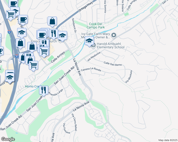 map of restaurants, bars, coffee shops, grocery stores, and more near 31841 Via Puntero in San Juan Capistrano