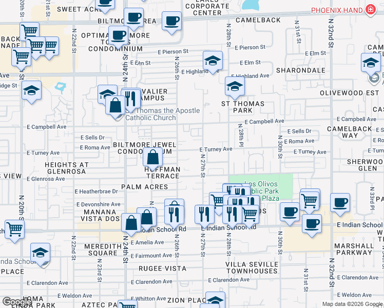 map of restaurants, bars, coffee shops, grocery stores, and more near 4320 North 27th Street in Phoenix