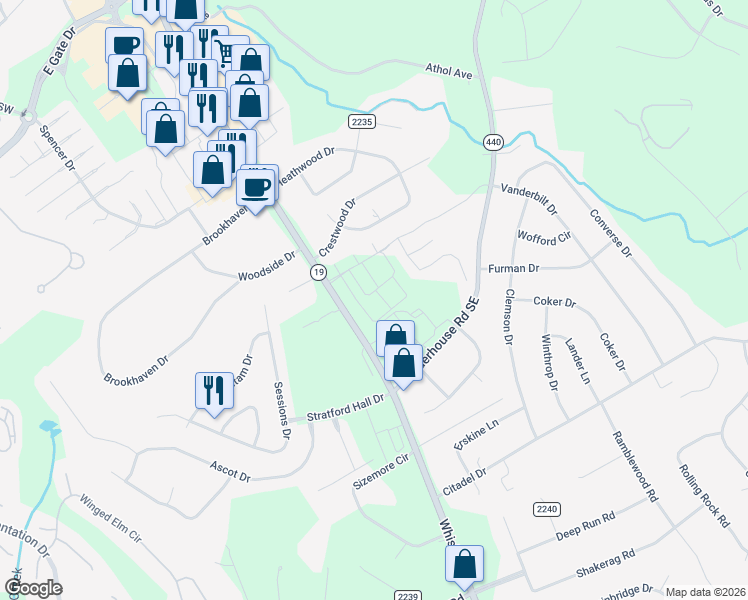 map of restaurants, bars, coffee shops, grocery stores, and more near 2820 Whiskey Road in Aiken