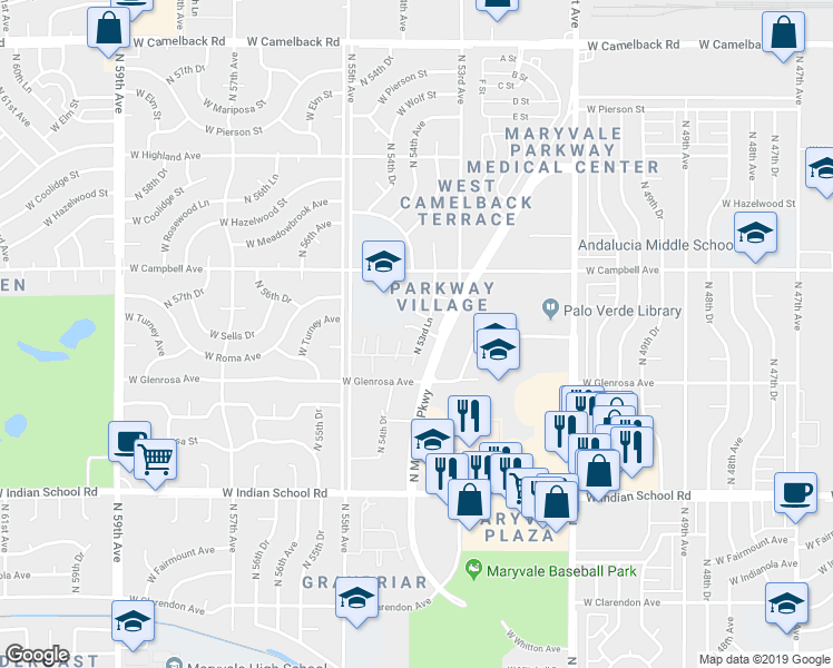 map of restaurants, bars, coffee shops, grocery stores, and more near 4337 North 53rd Lane in Phoenix