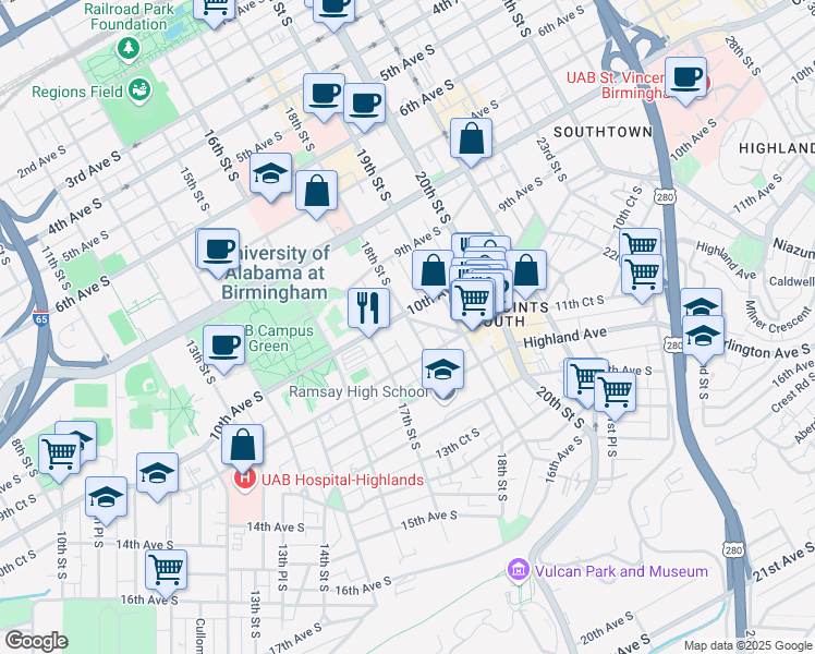 map of restaurants, bars, coffee shops, grocery stores, and more near 1010 18th Street South in Birmingham