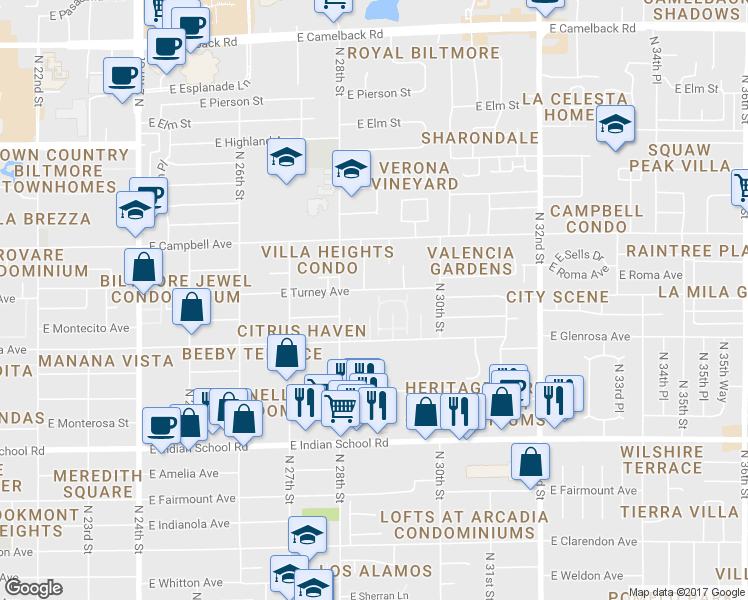 map of restaurants, bars, coffee shops, grocery stores, and more near 4316 North 28th Way in Phoenix