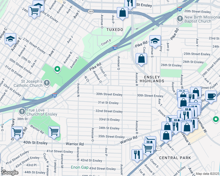 map of restaurants, bars, coffee shops, grocery stores, and more near 1608 30th Street Ensley in Birmingham