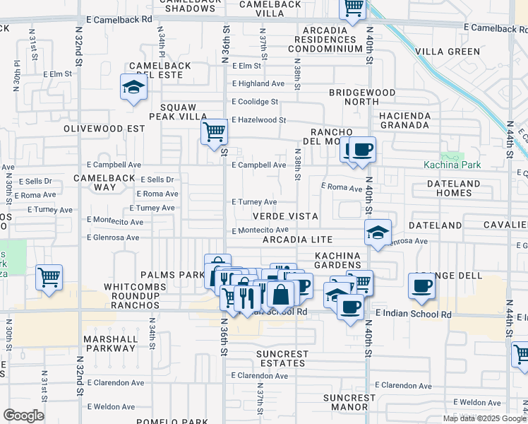 map of restaurants, bars, coffee shops, grocery stores, and more near 3646 East Montecito Avenue in Phoenix