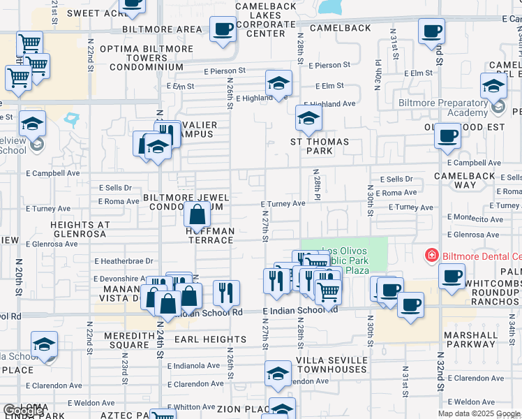 map of restaurants, bars, coffee shops, grocery stores, and more near 4320 North 27th Street in Phoenix