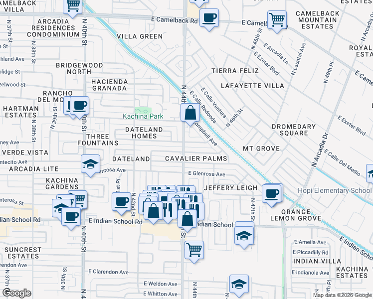 map of restaurants, bars, coffee shops, grocery stores, and more near 4342 East Montecito Avenue in Phoenix